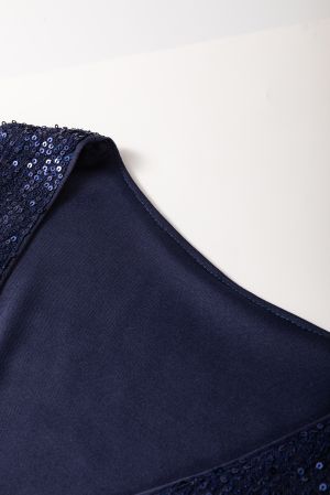 Women's Blue Sequin Sleeveless Top with V-Neckline
