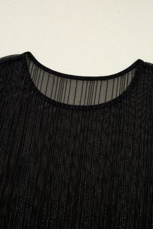 Women's Black Plus Size Shimmer Mesh Long Sleeve Top