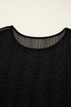 Women's Black Plus Size Shimmer Mesh Long Sleeve Top