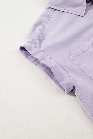 Orchid Petal Short Sleeve Double Chest Pocket Denim Shirt Dress