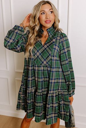 Women's Green Plaid Print Dress with Gathered Collar Accents and Long Sleeves