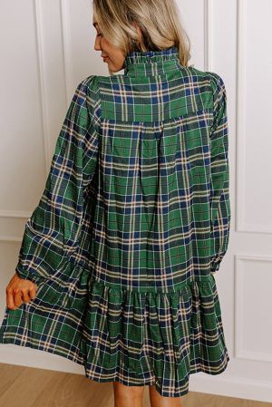 Women's Green Plaid Print Dress with Gathered Collar Accents and Long Sleeves