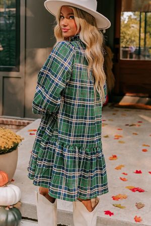 Women's Green Plaid Print Dress with Gathered Collar Accents and Long Sleeves