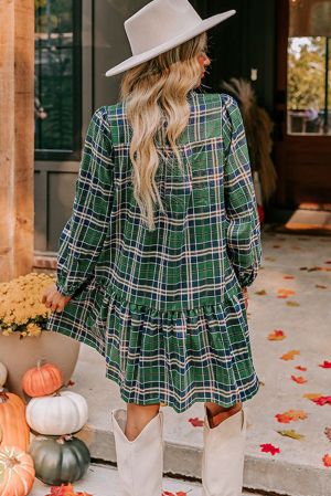 Women's Green Plaid Print Dress with Gathered Collar Accents and Long Sleeves