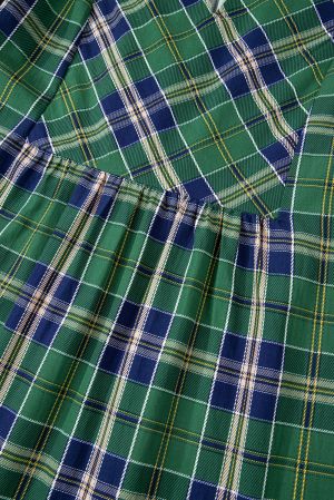 Women's Green Plaid Print Dress with Gathered Collar Accents and Long Sleeves