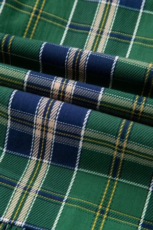 Women's Green Plaid Print Dress with Gathered Collar Accents and Long Sleeves