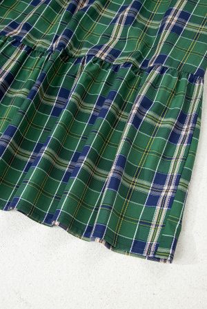 Women's Green Plaid Print Dress with Gathered Collar Accents and Long Sleeves