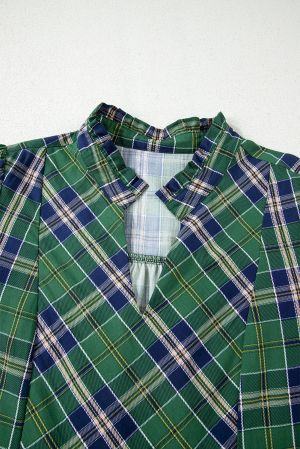 Women's Green Plaid Print Dress with Gathered Collar Accents and Long Sleeves