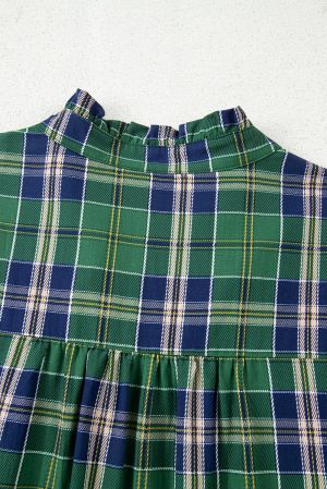Women's Green Plaid Print Dress with Gathered Collar Accents and Long Sleeves