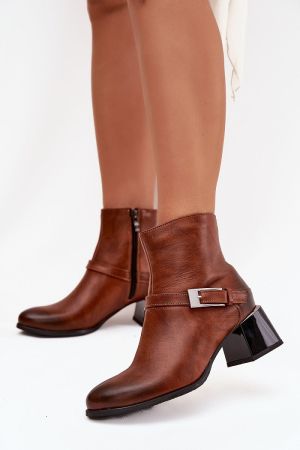 Women’s Leather Ankle Boots with a Heel and a Decorative Buckle