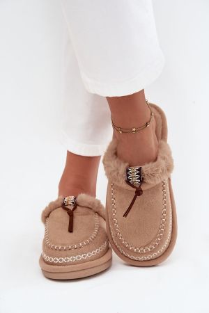 Women’s Beige Eco Suede Slippers with Fur Lining and Embroidery
