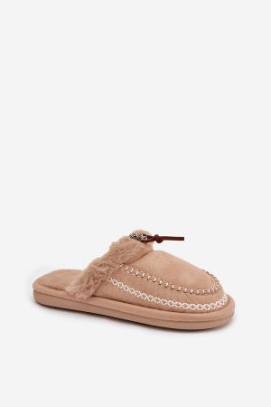 Women’s Beige Eco Suede Slippers with Fur Lining and Embroidery