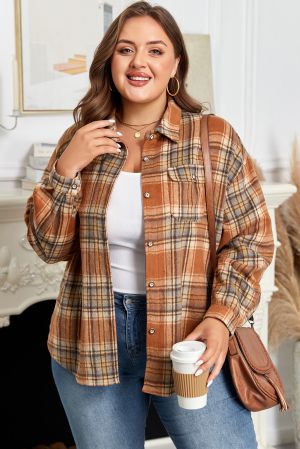 Women’s Plus Size Plaid Shirt Jacket with Pocket and Curved Hem