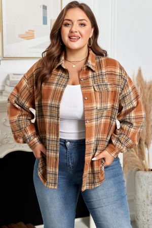 Women’s Plus Size Plaid Shirt Jacket with Pocket and Curved Hem