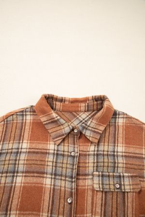 Women’s Plus Size Plaid Shirt Jacket with Pocket and Curved Hem