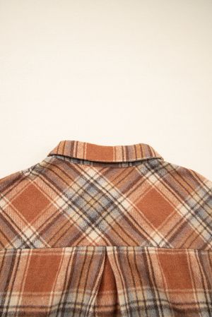 Women’s Plus Size Plaid Shirt Jacket with Pocket and Curved Hem