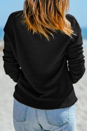 Women’s Black Waffle Knit Long Sleeve Top