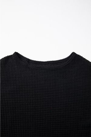 Women’s Black Waffle Knit Long Sleeve Top