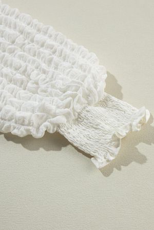 White Textured Smocked Mock Neck Puff Sleeve Blouse