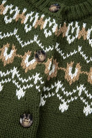 Women’s Green Cardigan with Ethnic Pattern and Buttons