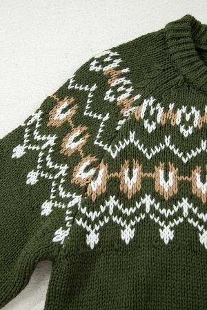 Women’s Green Cardigan with Ethnic Pattern and Buttons