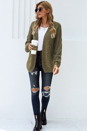 Women’s Olive Green Knitted Cardigan with Wide Sleeves