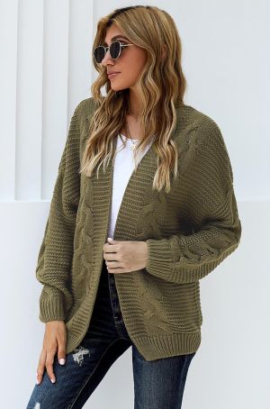 Women’s Olive Green Knitted Cardigan with Wide Sleeves