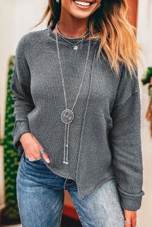 Women’s Grey Knit Sweater with Asymmetric Hem