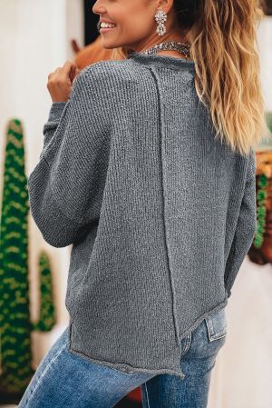 Women’s Grey Knit Sweater with Asymmetric Hem