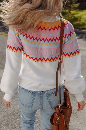 Women’s White Sweater with Colorful Geometric Pattern