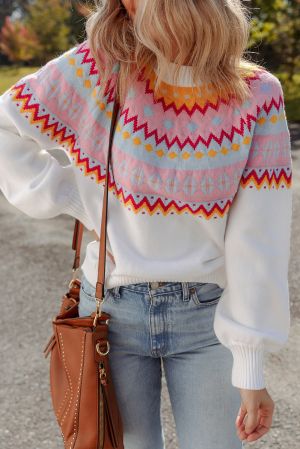 Women’s White Sweater with Colorful Geometric Pattern
