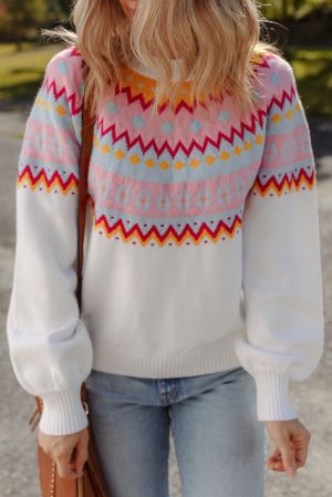 Women’s White Sweater with Colorful Geometric Pattern