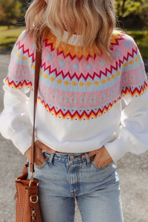 Women’s White Sweater with Colorful Geometric Pattern