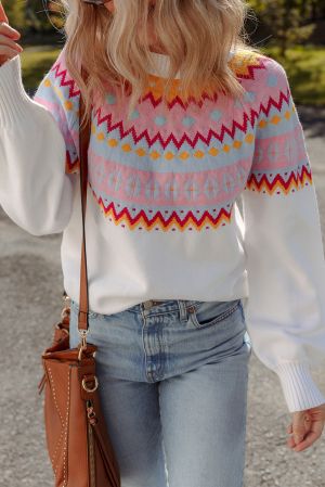Women’s White Sweater with Colorful Geometric Pattern