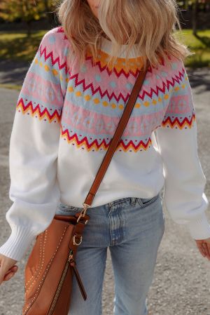 Women’s White Sweater with Colorful Geometric Pattern