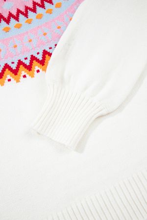 Women’s White Sweater with Colorful Geometric Pattern