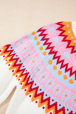 Women’s White Sweater with Colorful Geometric Pattern