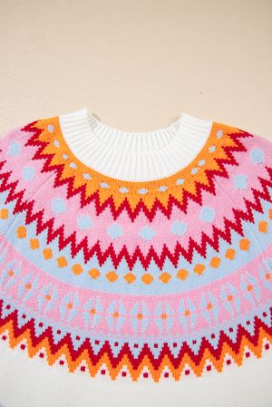 Women’s White Sweater with Colorful Geometric Pattern