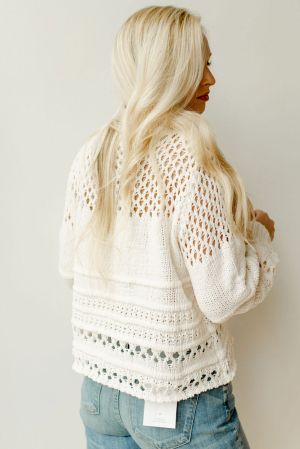 Women’s White Open Knit Sweater with Long Sleeves