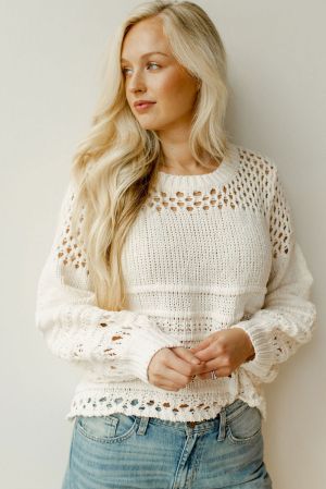Women’s White Open Knit Sweater with Long Sleeves