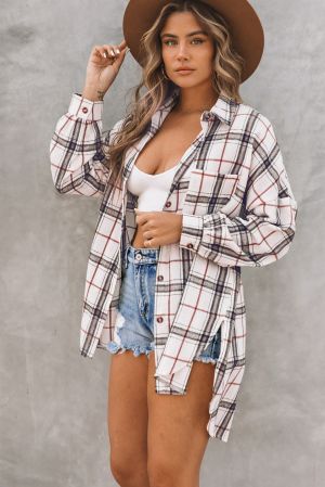 Women's Oversized Plaid Pattern Shacket with Slits