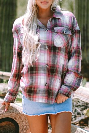 Women’s Long Plaid Shirt in Pink and Brown with Pockets