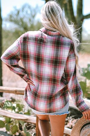 Women’s Long Plaid Shirt in Pink and Brown with Pockets