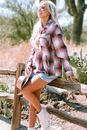 Women’s Long Plaid Shirt in Pink and Brown with Pockets
