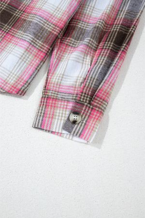 Women’s Long Plaid Shirt in Pink and Brown with Pockets