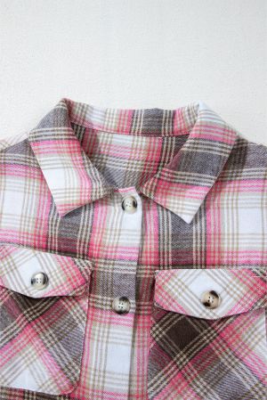 Women’s Long Plaid Shirt in Pink and Brown with Pockets