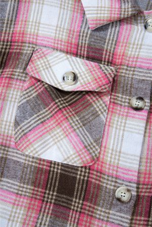 Women’s Long Plaid Shirt in Pink and Brown with Pockets