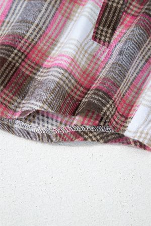 Women’s Long Plaid Shirt in Pink and Brown with Pockets