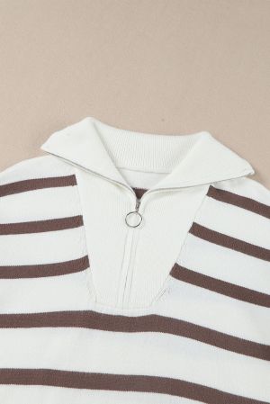 Women’s White Striped Sweater Mini Dress with O-Ring Zip Collar