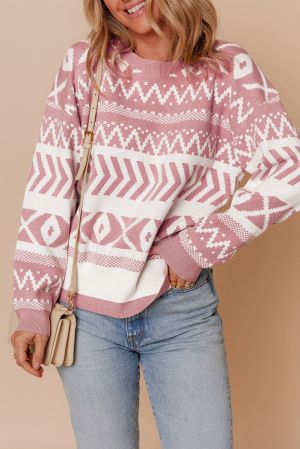 Women's Abstract Print Sweater in Pink and White